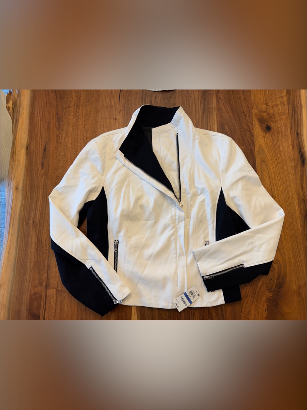 INC International Concepts White and Black Women's Zip Bomber Jacket